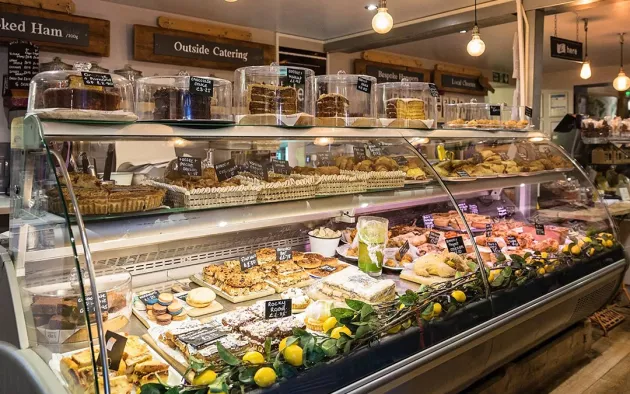 A deli counter displaying an array of products