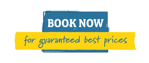 blue box with "book now" above a yellow box stating "for guaranteed best prices"