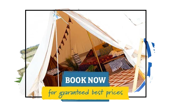 A look inside our glamping bell tents, with comfy double beds and stylish furnishings here at Hunstanton Glamping