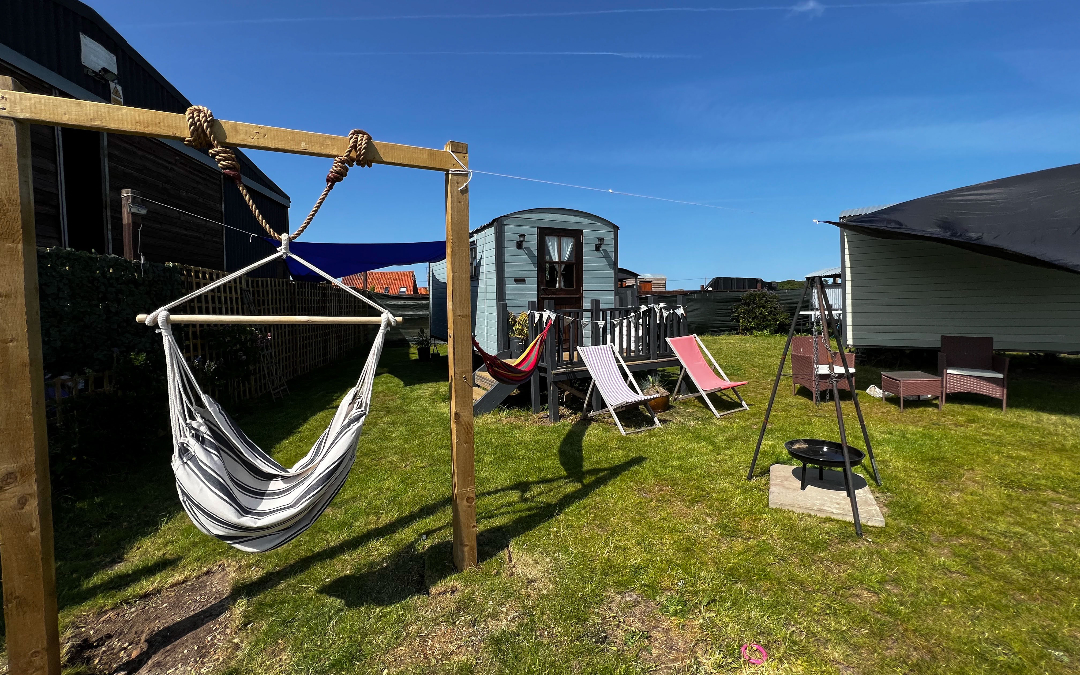 Outside our glamping shepherds huts have hammocks and fire pits for relaxing and enjoying the views of the Norfolk Countryside