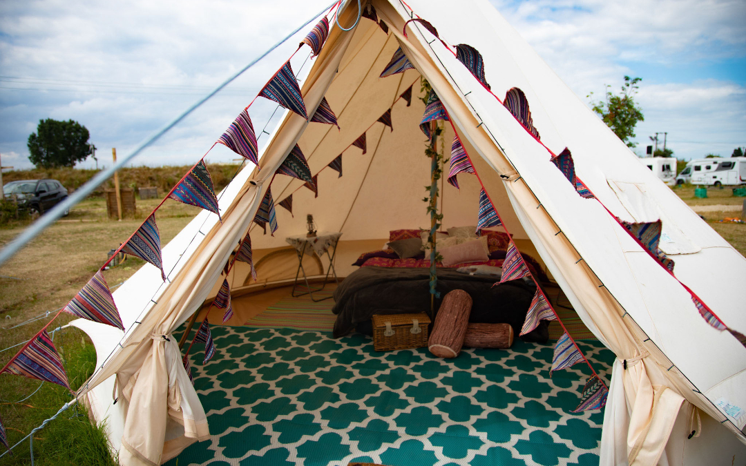 Stunning double bed inside our glamping bell tents here at Norfolk Coast Path Glamping