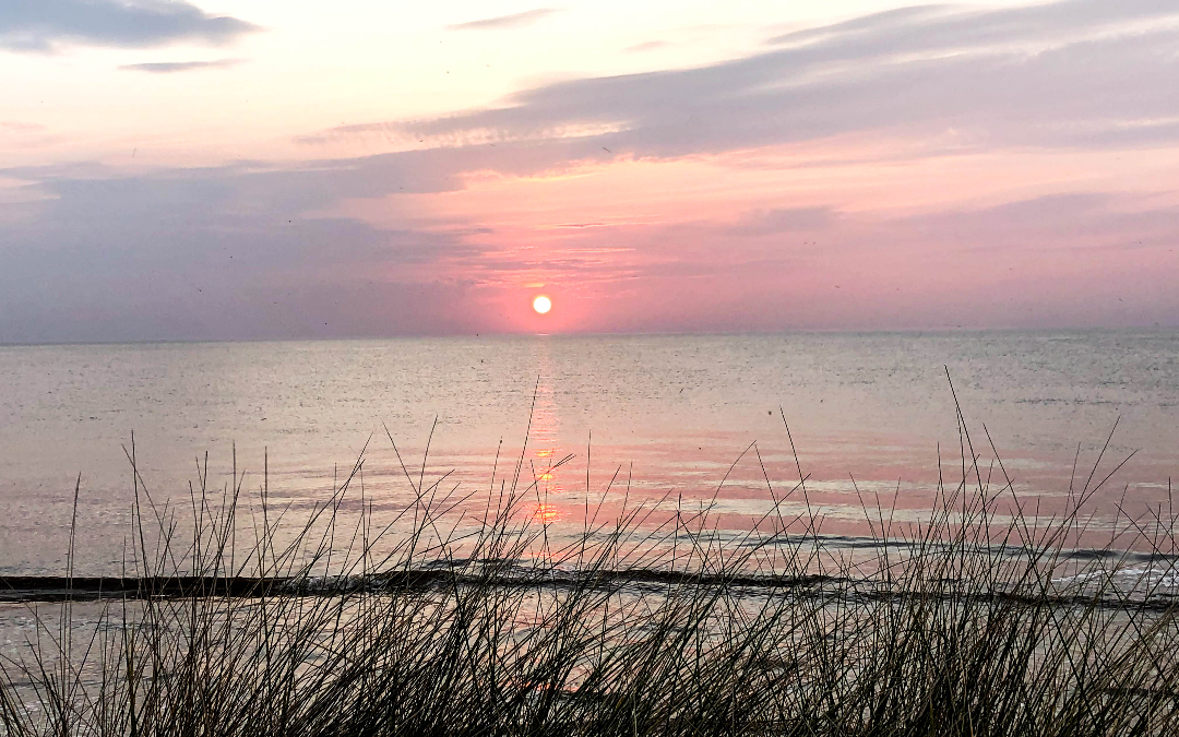 myminiBreak, Norfolk Beaches pink sunset view through the seagrass