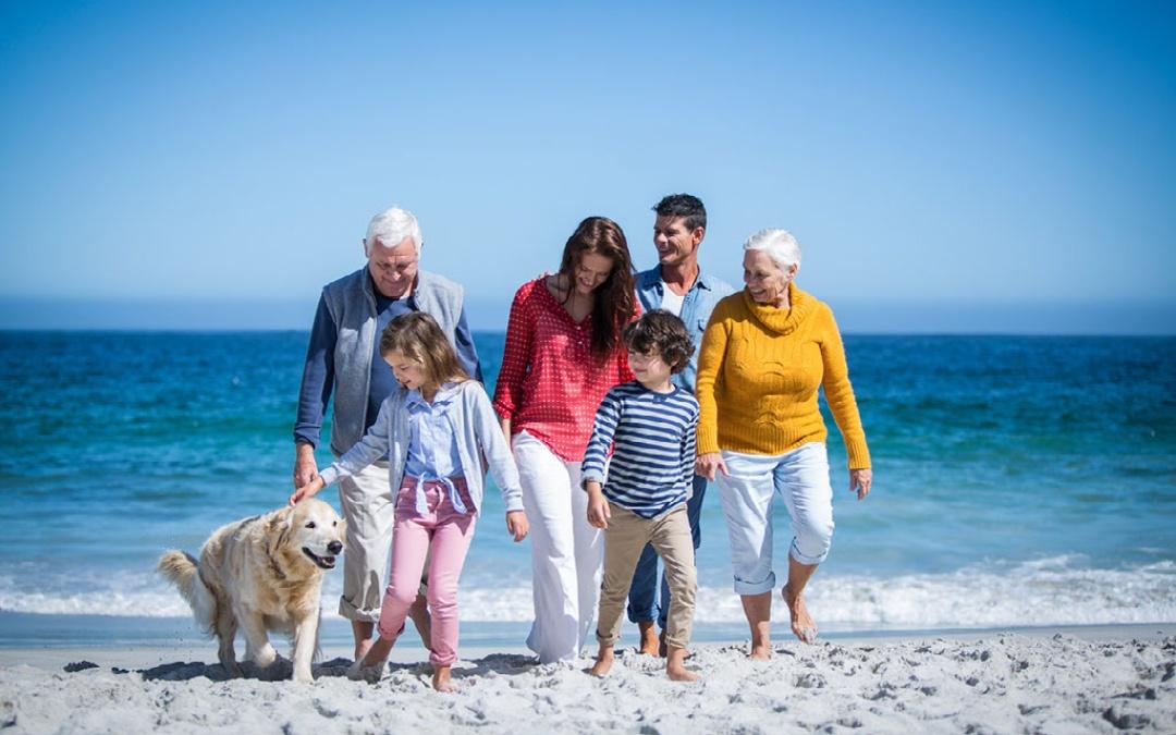 Family with the dog enjoying the beach