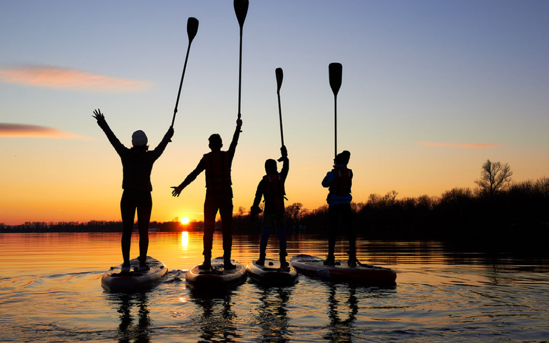 group of friends paddleboarding in norfolk rivers