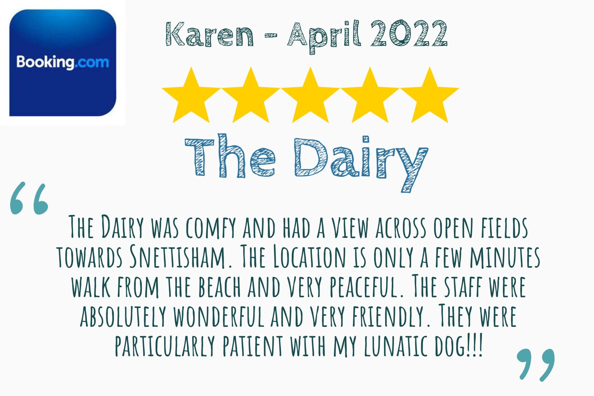 Karen Booking.com review view to snettisham dog