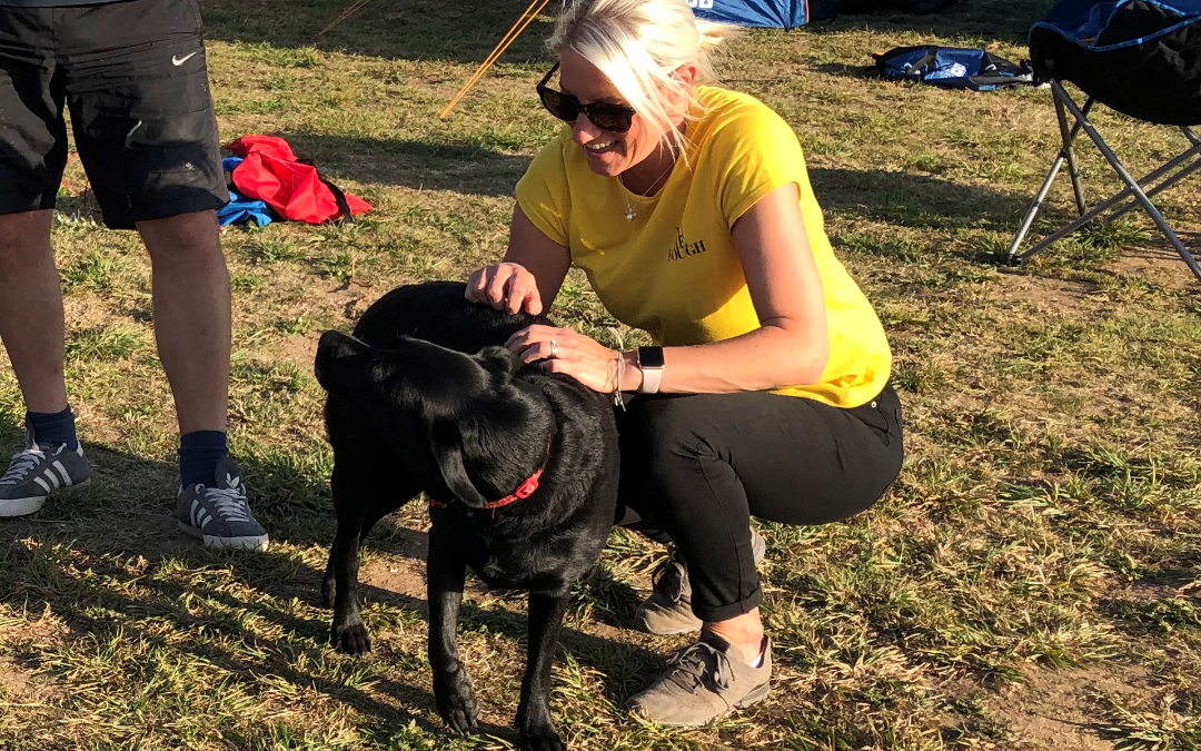 camping guest petting dog