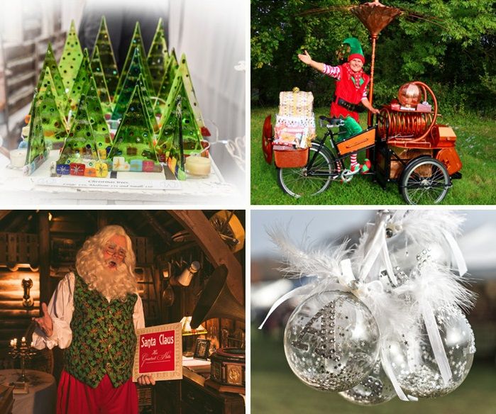 a collage of tree ornaments, an elf on a bubble machine, a singing Santa Claus, and baubles