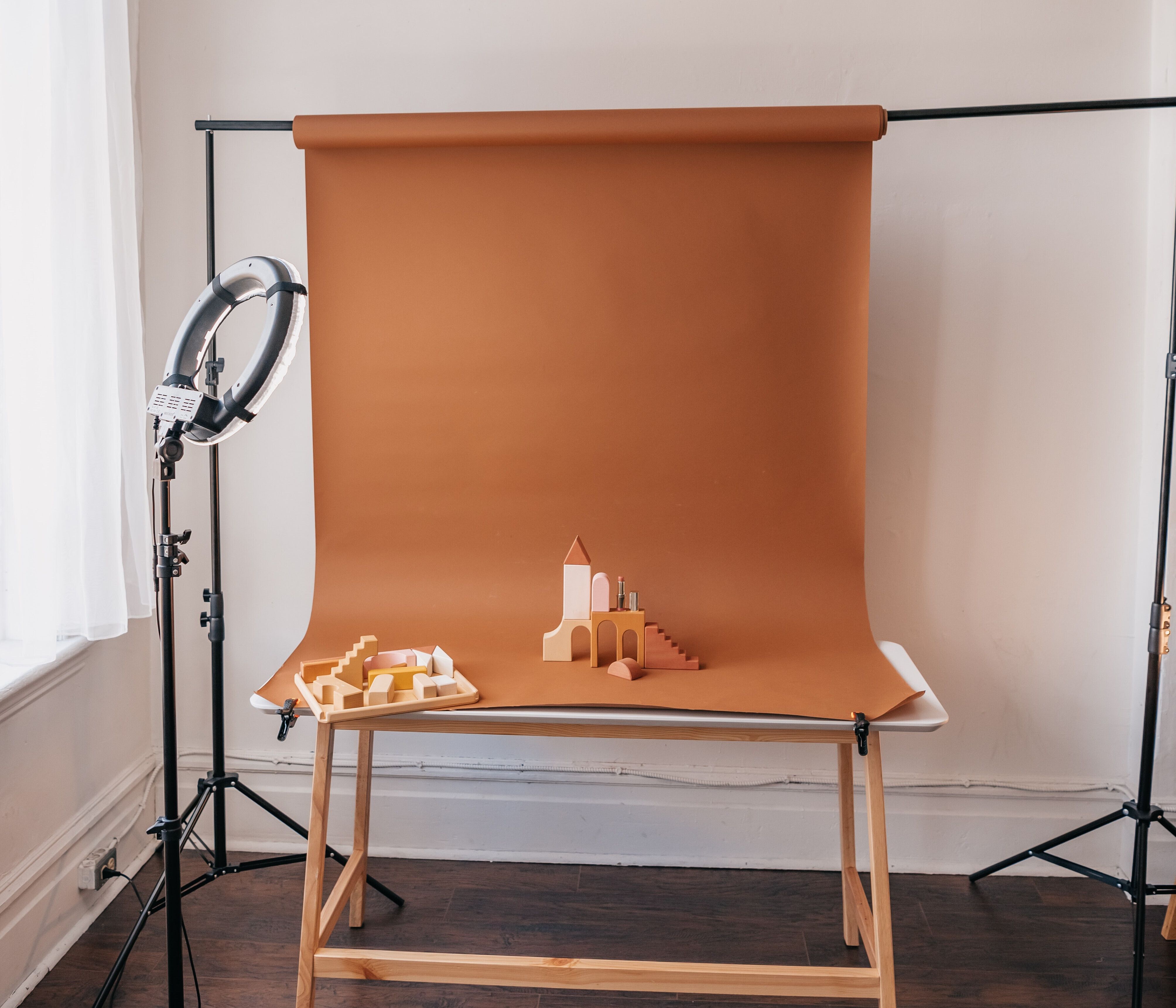 Small photography studio lighting and backdrop