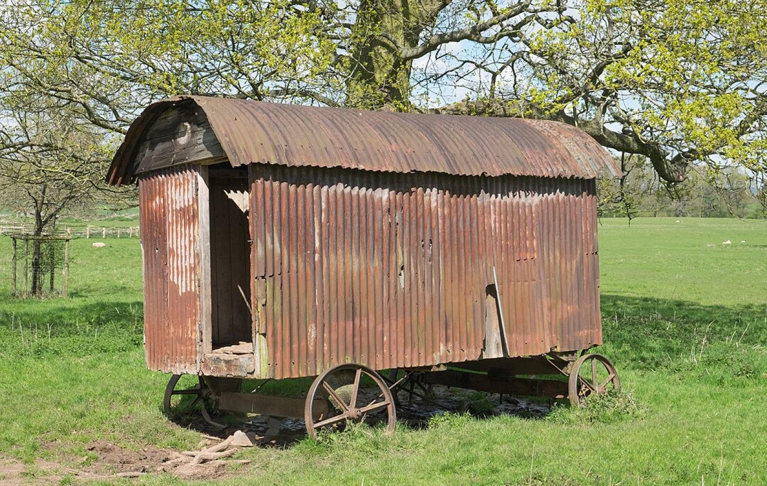 old rusted corrugated metal shepherds hut