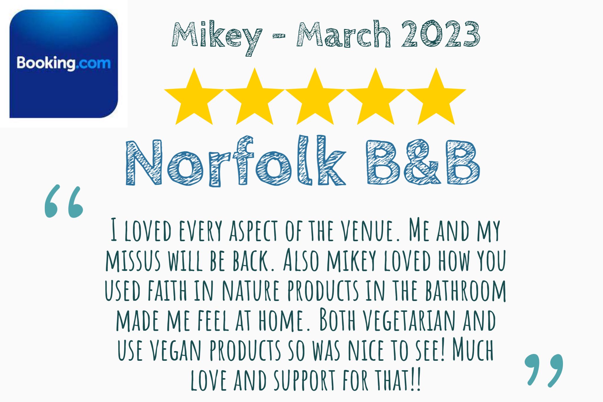 Mikey's Booking.com review of his short break with his wife, praising the use of vegetarian and vegan products