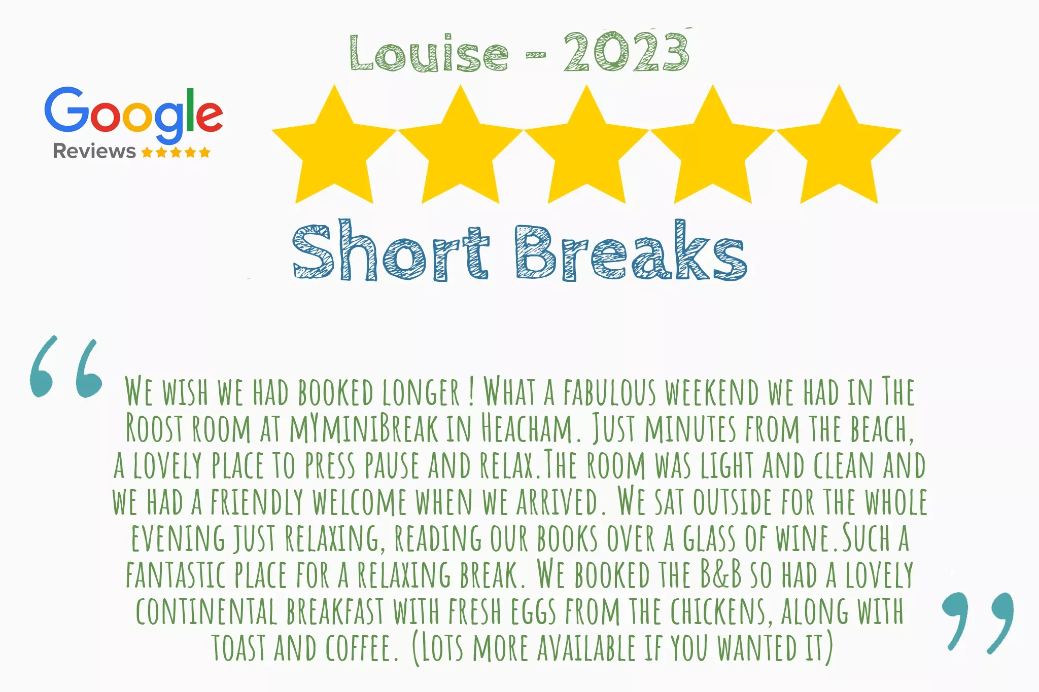 Five star review from Louise on Google Reviews that says "We wish we had booked longer ! What a fabulous weekend we had in The  Roost room at mYminiBreak in Heacham. Just minutes from the beach,  a lovely place to press pause and relax.The room was light and clean and  we had a friendly welcome when we arrived. We sat outside for the whole  evening just relaxing, reading our books over a glass of wine.Such a  fantastic place for a relaxing break. We booked the B&B so had a lovely  continental breakfast with fresh eggs from the chickens, along with  toast and coffee. (Lots more available if you wanted it)"