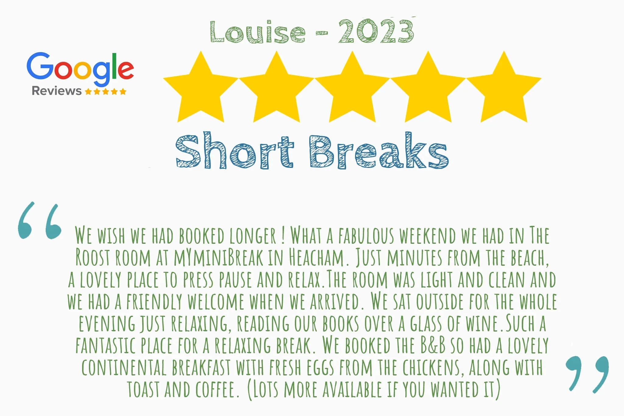 Five star review from Louise on Google Reviews that says "We wish we had booked longer ! What a fabulous weekend we had in The  Roost room at mYminiBreak in Heacham. Just minutes from the beach,  a lovely place to press pause and relax.The room was light and clean and  we had a friendly welcome when we arrived. We sat outside for the whole  evening just relaxing, reading our books over a glass of wine.Such a  fantastic place for a relaxing break. We booked the B&B so had a lovely  continental breakfast with fresh eggs from the chickens, along with  toast and coffee. (Lots more available if you wanted it)"