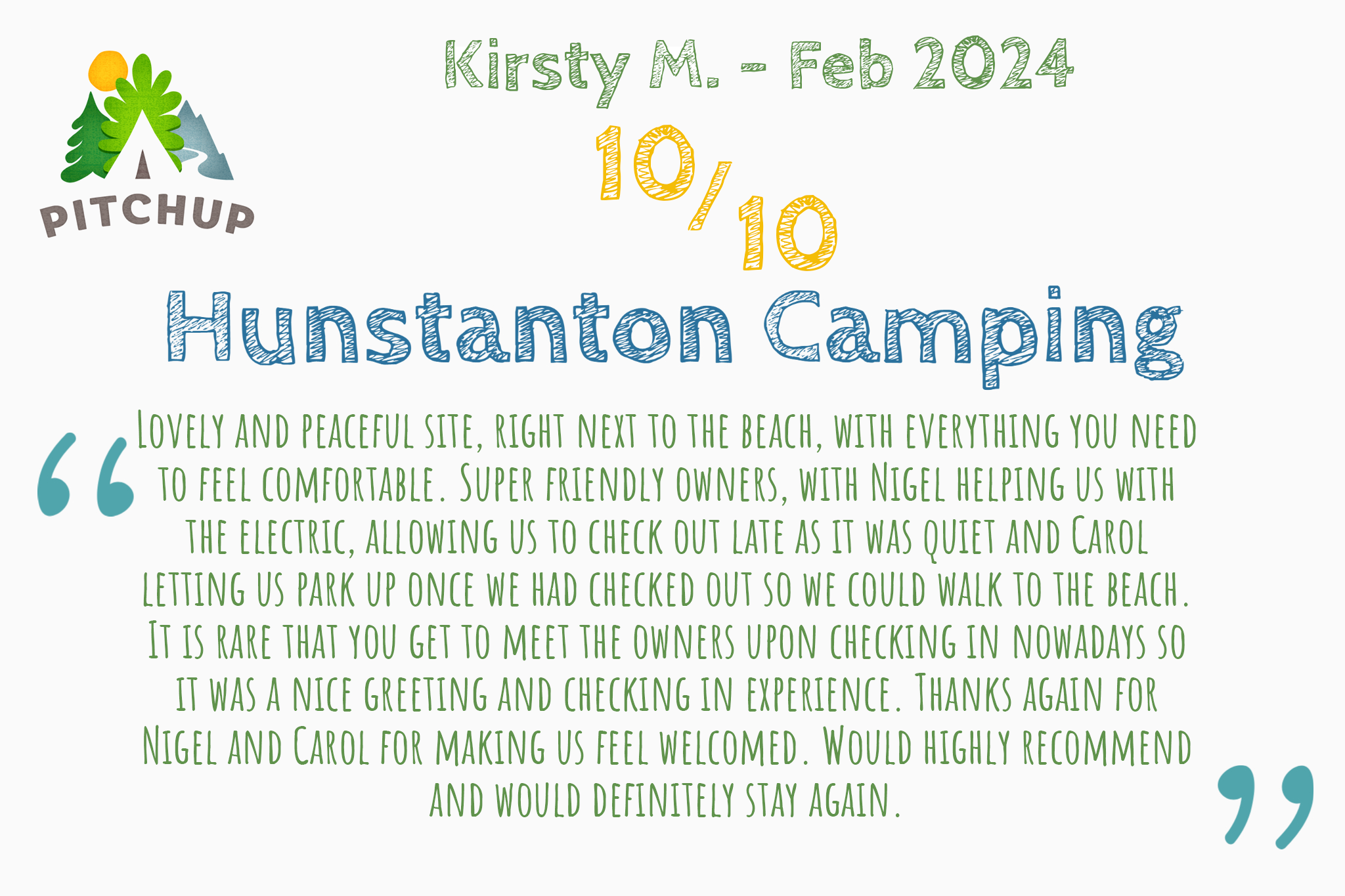 10/10 pitchup review from kirsty m that says "Lovely and peaceful site, right next to the beach, with everything you need to feel comfortable. Super friendly owners, with Nigel helping us with the electric, allowing us to check out late as it was quiet and Carol letting us park up once we had checked out so we could walk to the beach. It is rare that you get to meet the owners upon checking in nowadays so it was a nice greeting and checking in experience. Thanks again for Nigel and Carol for making us feel welcomed. Would highly recommend and would definitely stay again."