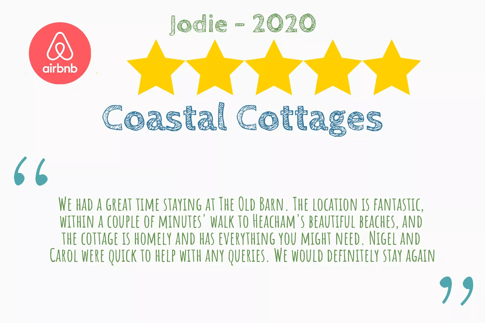5 star Airbnb review from Jodie that says "We had a great time staying at The Old Barn. The location is fantastic,  within a couple of minutes' walk to Heacham's beautiful beaches, and  the cottage is homely and has everything you might need. Nigel and  Carol were quick to help with any queries. We would definitely stay again"