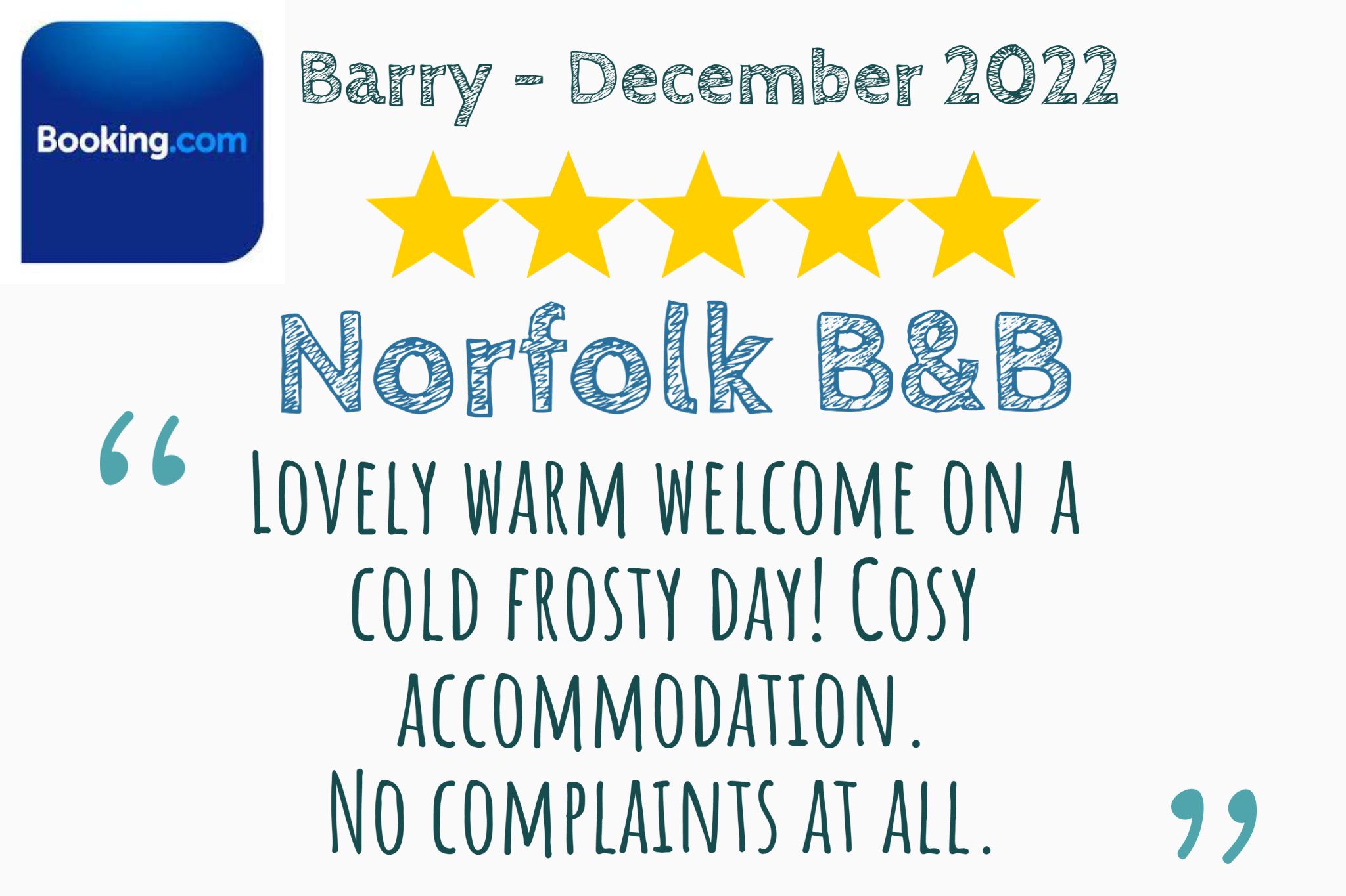 Barry's Booking.com review of a warm welcome on a cold, frosty day